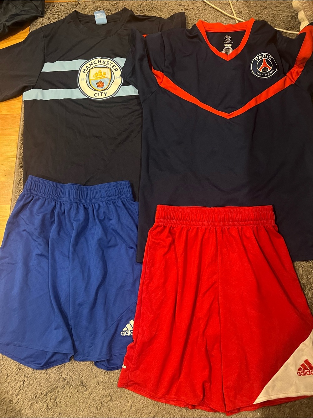 Manchester City & PSG Soccer Set with Adidas Shorts - Navy, Black, Blue, Red